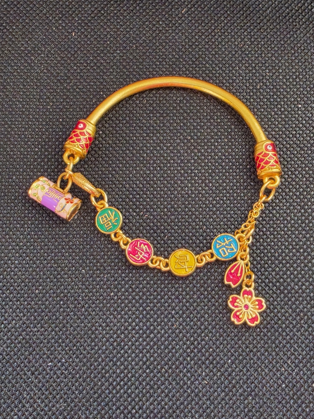 Hand Crafted Gold-Tone Bracelet with Pink & Turquoise Enamel Charms